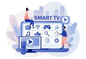 Menu Smart TV on laptop. Tiny people watch video, content, applications on multimedia box tv. Modern television technology. Modern flat cartoon style. Vector illustration on white background