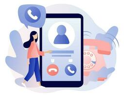 Phone call concept. Tiny girl receive incoming call in smartphone app. Accept Button, Decline Button. Communication device. Modern flat cartoon style. Vector illustration on white background