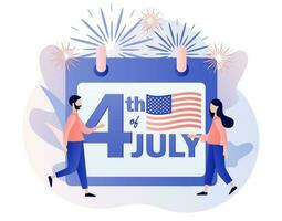 Happy 4th of July - calendar date. Fourth of July. Tiny people celebrate United States Of America Independence Day. Modern flat cartoon style. Vector illustration on white background