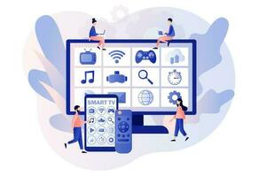 Smart TV, remote controland and menu in smartphone app. Tiny people watch video, content, applications on multimedia box tv. Modern television technology.Modern flat cartoon style. Vector illustration