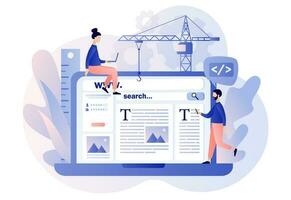 Web design concept. Tiny people building webpage on laptop. Website interface design. Software development process. Programming and coding. SEO. Modern flat cartoon style. Vector illustration