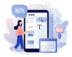 Web design concept. Tiny woman building webpage in smartphone app. Website interface design. Software development process. SEO. Modern flat cartoon style. Vector illustration on white background