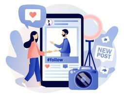Blog concept. New post photo and video content. Tiny girl follow blogger in social media networks. Influencer marketing. SMM. Modern flat cartoon style. Vector illustration on white background