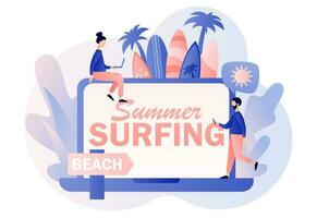 Summer Surfing - text on laptop screen. Surf Club or Shop. Tiny people surfers with surfboards go the beach, sea or ocean. Modern flat cartoon style. Vector illustration on white background