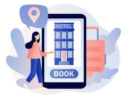 Booking hotel online. Tiny woman search, choose and reservation hotel or apartment in smartphone app. Tourist and business trip. Modern flat cartoon style. Vector illustration on white background