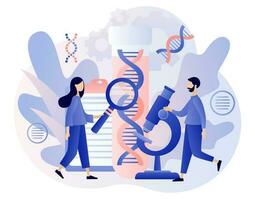 Genetic DNA Science. Tiny scientists investigating, diagnosis and testing DNA with microscope in laboratory. Lab equipment. Modern flat cartoon style. Vector illustration on white background