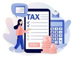 Online Tax payment. Business concept. Tiny woman filling tax form and pay bills on smartphone. Financial charge, obligatory payment calculating. Modern flat cartoon style. Vector illustration