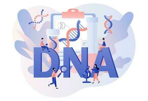 Genetic DNA Science. Tiny scientists investigating, diagnosis and testing DNA in laboratory. Medicine and technology. Lab equipment. Modern flat cartoon style. Vector illustration on white background