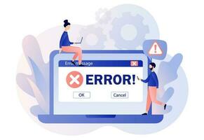 Error message on laptop screen. Tiny people examining operating system error warning window on computer. Modern flat cartoon style. Vector illustration on white background