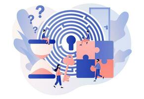 Escape room. Exit maze. Quest room. Tiny people trying to solve puzzles, find key, gettout of trap, finding conundrum solution. Modern flat cartoon style. Vector illustration on white background