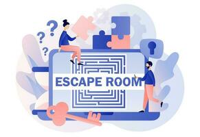 Escape room. Quest room web site. Tiny people trying to solve puzzles, find key, gettout of trap, finding conundrum solution. Exit maze. Modern flat cartoon style. Vector illustration