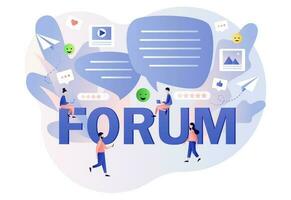 Forum concept. Internet chat messages, dialog, conversation in social media, online networking. Tiny people communication in community group. Modern flat cartoon style. Vector illustration