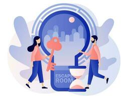 Quest room. Escape room. Tiny people trying to solve puzzles, find key, gettout of trap, finding conundrum solution. Exit maze. Modern flat cartoon style. Vector illustration on white background