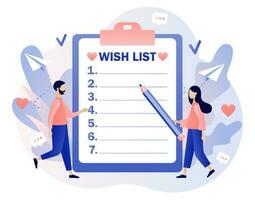 Wishlist concept. Gift and shopping list. Tiny people writing down wishes. Personal favourites list. Order and payment. Modern flat cartoon style. Vector illustration on white background