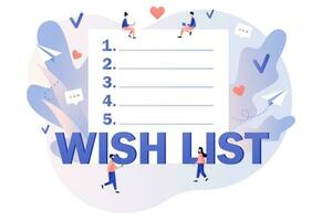 Wishlist concept. Gift and shopping list online. Tiny people writing down wishes. Personal favourites list. Order and payment. Modern flat cartoon style. Vector illustration on white background