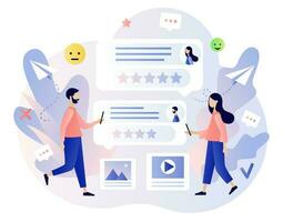 Online forum concept. Tiny people communication in community group. Internet chat messages, dialog, conversation in social media, networking. Modern flat cartoon style. Vector illustration