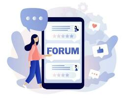 Online forum concept. Tiny woman communication in community group in smartphone app. Internet chat messages, dialog, conversation in social media, networking. Modern flat cartoon style. Vector