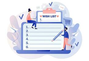Wishlist online. Gift and shopping list. Tiny people writing down wishes on laptop. Personal favourites list. Order and payment. Modern flat cartoon style. Vector illustration on white background
