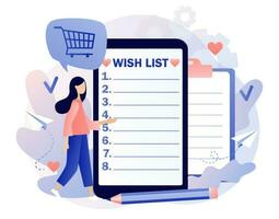 Wishlist in smartphone app. Gift and shopping list. Tiny woman writing down wishes. Personal favourites list. Order and payment. Modern flat cartoon style. Vector illustration on white background