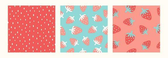 Set of vector seamless patterns with strawberries. Summer backgrounds hand drawn. Cartoon flat illustration.