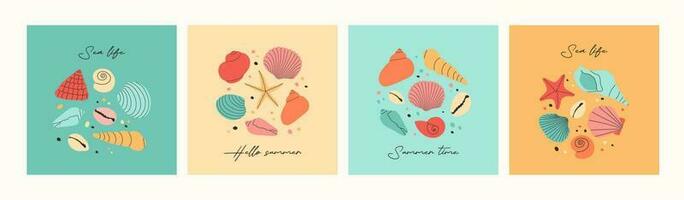 Set of summer modern backgrounds with hand draw colorful seashells, starfish and hand written text. Beautiful summer holidays posters. Vector templates for card, banner, invitation, social media post.