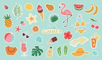 Set of summer stickers. Icons for tropical vacation. Seasonal elements collection. Flamingos, ice cream, pineapple, tropic leaves, cocktails, plumeria, watermelon, beach accessories. vector