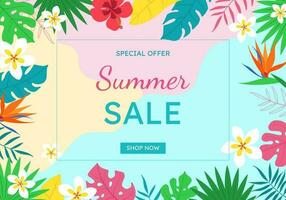 Banner of the summer sale. Creative bright, blue, pink background with tropical leaves, plumeria and hibiscus flowers. Summer sale, poster template, banner on the Internet. vector