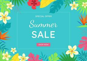 Banner of the summer sale. Creative bright, colorful, blue background with tropical leaves, plumeria and hibiscus flowers. Summer sale, poster template, banner on the Internet. vector