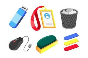 school element tools, education icons for back to school concept with USB flash drive, name tag, mount, erasser vector