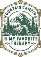 A logo for a mountain camping with a tent and trees with a vintage badge style vector