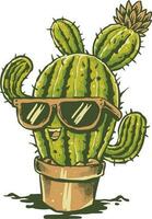 un dibujos animados cactus con Gafas de sol y con un contento sonriente cara vector