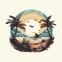 A vintage sunset beach scene with palm trees and the small boat on the middle vector