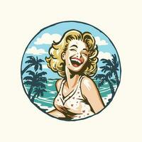 A woman laughing on the beach with palm trees in the background vector