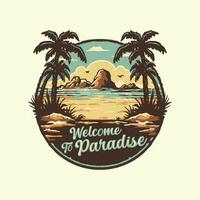 A beach scene with palm trees and the words welcome to paradise vector