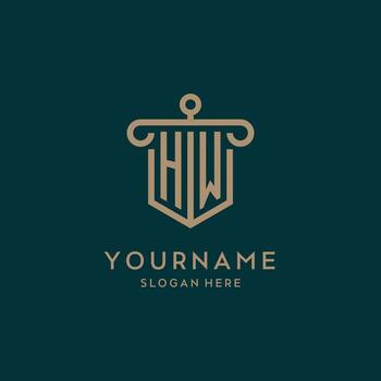 HW monogram initial logo design with shield and pillar shape style vector