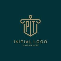 PT monogram initial logo design with shield and pillar shape style vector