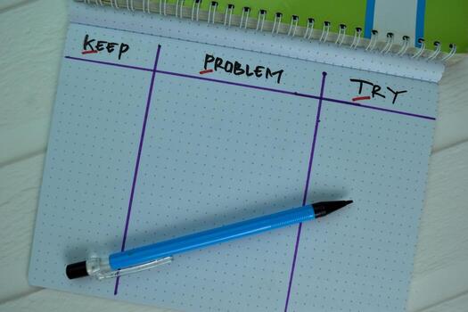 KPT - Keep Problem Try write on a book isolated on office desk. photo