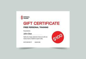 Personal Trainer gift certificate template. A clean, modern, and high-quality design gift certificate vector design. Editable and customize template gift certificate