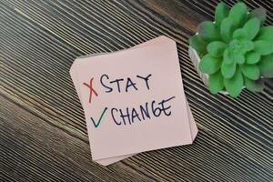 Concept of change and not to stay write on sticky notes isolated on Wooden Table. photo