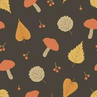 Seamless pattern with birch and aspen leaves, mushrooms, berries. vector