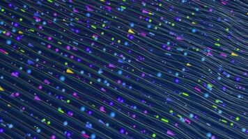 Texture of spheres, cone and cylinders of blue, purple, green and magenta color moving from left to right between lines in the form of waves on a dark blue background. Loop sequence. 3D Animation video