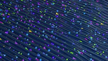 struttura di sfere, cono e cilindri di blu, viola, verde e magenta colore in movimento a partire dal sinistra per giusto fra Linee nel il modulo di onde su un' buio blu sfondo. ciclo continuo sequenza. 3d animazione video