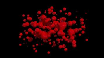 Green capsule shot hitting and going through a red sphere that deforms and explodes into particles that disperse against a black background. 3D Animation video