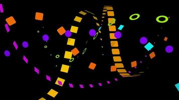 Abstract composition with lines of squares, circles and rings of green, yellow, light blue and purple that intersect against a black background. 3D Animation video