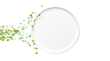 intro vidéo de rond blanc Cadre étant entouré par vert et Jaune sphères en mouvement de la gauche à droite contre blanc Contexte. boucle séquence. 3d animation video