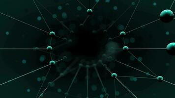 tunnel formato di un' struttura di buio verde Linee e sfere deformante a caso contro un' nero sfondo. ciclo continuo sequenza. 3d animazione video