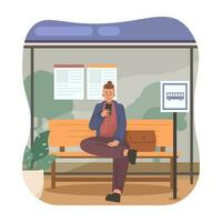 Man holding mobile phone while waiting bus vector