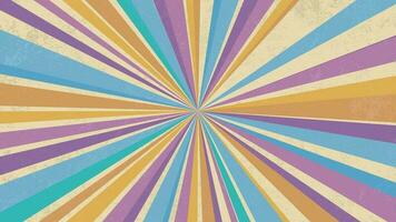 Background of straight lines of blue, yellow and purple in pastel tones in perspective with aged texture rotating concentrically against cream-colored background. Loop animation video