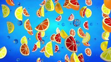 Front view of pieces of oranges and lemons falling into a space with drops against blue background. Loop sequence. 3d Animation video