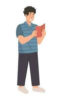 Boy reading a book while standing vector